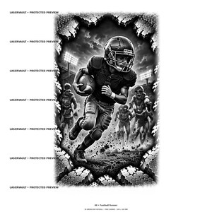May include: A black and white graphic illustration of a football player running with a ball on a field. The player wears a helmet and pads. The scene is framed by a textured, jagged border. The text LASERVAULT PROTECTED PREVIEW appears repeatedly.