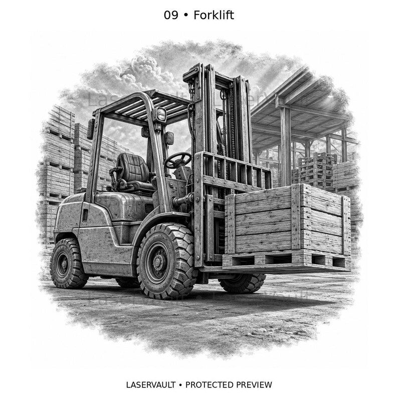May include: A black and white illustration labeled 09 Forklift, depicting a forklift carrying a wooden crate on a pallet. The scene includes stacks of wooden crates in the background and a structure with a roof, all rendered in a detailed sketch style.