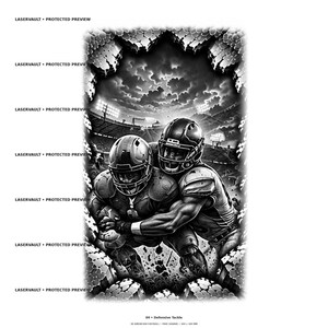 May include: A black and white graphic illustration of two American football players in helmets and uniforms engaged in a tackle on a field. The scene is framed by a jagged, stone-like border and includes the text LASERVAULT PROTECTED PREVIEW.