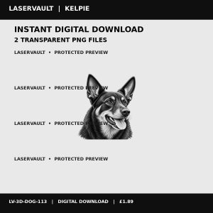 Puede incluir: Una ilustraci&oacute;n digital en blanco y negro de la cabeza de un perro Kelpie con orejas puntiagudas y la boca abierta mostrando la lengua. La imagen incluye el texto LASERVAULT | KELPIE, INSTANT DIGITAL DOWNLOAD, 2 TRANSPARENT PNG FILES y LASERVAULT &bull; PROTECTED PREVIEW.