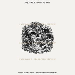 Puede incluir: Una ilustraci&oacute;n digital en blanco y negro del signo zodiacal Acuario que muestra una figura vertiendo agua de un gran recipiente en olas arremolinadas, rodeada de flores, estrellas y planetas. El texto dice AQUARIUS DIGITAL PNG.