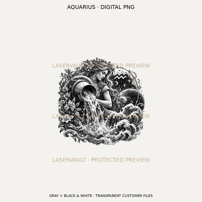 Puede incluir: Una ilustraci&oacute;n digital en blanco y negro del signo zodiacal Acuario que muestra una figura vertiendo agua de un gran recipiente en olas arremolinadas, rodeada de flores, estrellas y planetas. El texto dice AQUARIUS DIGITAL PNG.