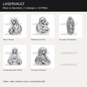 Puede incluir: Una colecci&oacute;n digital titulada LASERVAULT Mary & Devotion que presenta 5 ilustraciones en escala de grises de figuras religiosas, incluyendo Mar&iacute;a en oraci&oacute;n, la Virgen con el Ni&ntilde;o, Nuestra Se&ntilde;ora de Guadalupe, el Inmaculado Coraz&oacute;n de Mar&iacute;a y la Virgen de los Dolores.