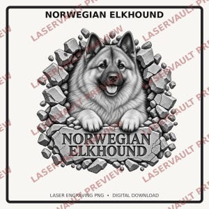 以下が含まれることがあります： ひび割れた石壁から現れるノルウェジアン・エルクハウンド犬の白黒グラフィックイラスト。犬は尖った耳と厚い毛皮を持っています。犬の下には、石板に刻まれたNORWEGIAN ELKHOUNDという文字があります。