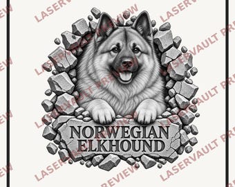 May include: A black and white graphic illustration of a Norwegian Elkhound dog emerging from a cracked stone wall. The dog has pointed ears and a thick coat. Below the dog, the text NORWEGIAN ELKHOUND is engraved on a stone slab.