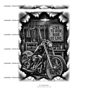 May include: A black and white graphic illustration of a chopper motorcycle parked inside a garage. The background features a wooden wall with tools and a sign that reads LIVE TO RIDE RIDE TO LIVE. The image is framed by a torn paper effect border.