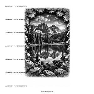 May include: A black and white graphic print titled 06 Rocky Mountain Lake, featuring a mountain range, pine trees, and a lake reflected in the water, framed by a textured, stone-like border with the repeated text LASERVAULT PROTECTED PREVIEW.