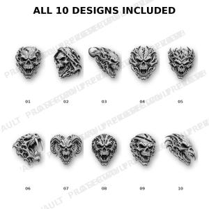 Puede incluir: Una colecci&oacute;n de diez ilustraciones de calaveras en escala de grises, dispuestas en dos filas y numeradas del 01 al 10. El texto ALL 10 DESIGNS INCLUDED aparece en la parte superior. Cada calavera presenta detalles estructurales complejos.