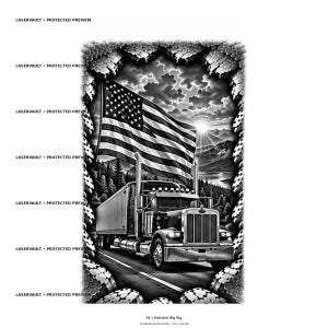May include: A black and white graphic design featuring a semi-truck driving on a road with a large American flag waving above it. The scene includes a mountainous landscape, a sunburst, and a textured border. Text reads LASERVAULT PROTECTED PREVIEW.