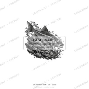 May include: A black and white graphic illustration of a dace fish swimming above a rocky riverbed with aquatic plants and water bubbles. The image features the text LASERVAULT PROTECTED LISTING PREVIEW and LV-3D-FISH-004 09 Dace.