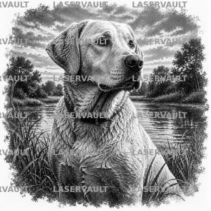 May include: A black and white illustration of a Labrador Retriever sitting in tall grass by a river. The dog wears a collar and has a wet coat. The background features trees and a cloudy sky. The word LASERVAULT is repeated across the image.