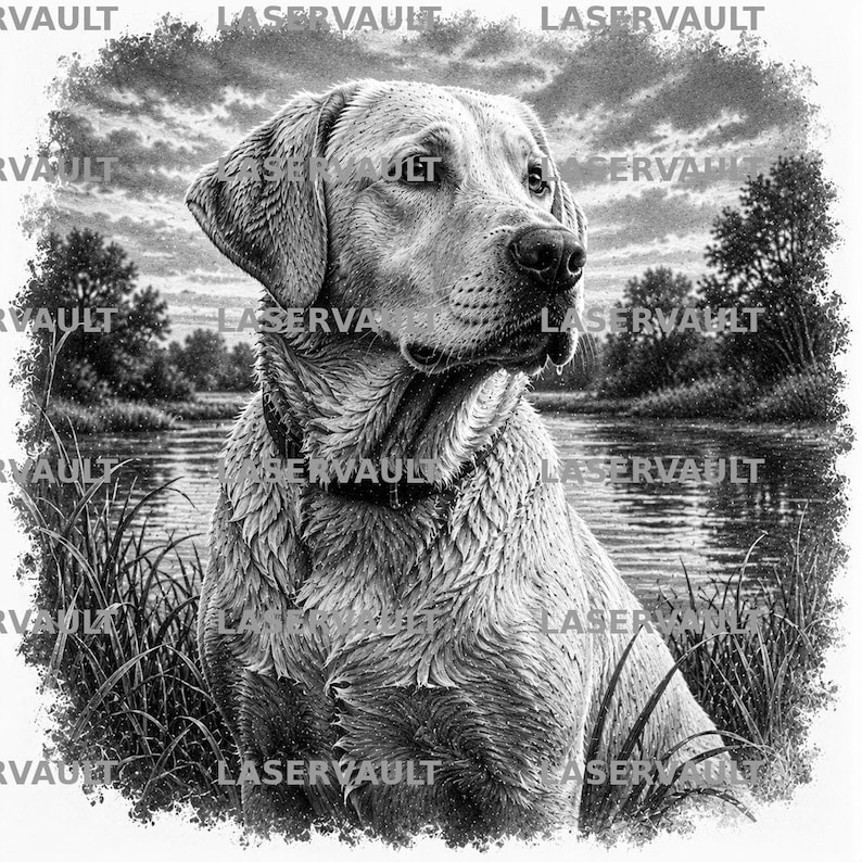 May include: A black and white illustration of a Labrador Retriever sitting in tall grass by a river. The dog wears a collar and has a wet coat. The background features trees and a cloudy sky. The word LASERVAULT is repeated across the image.