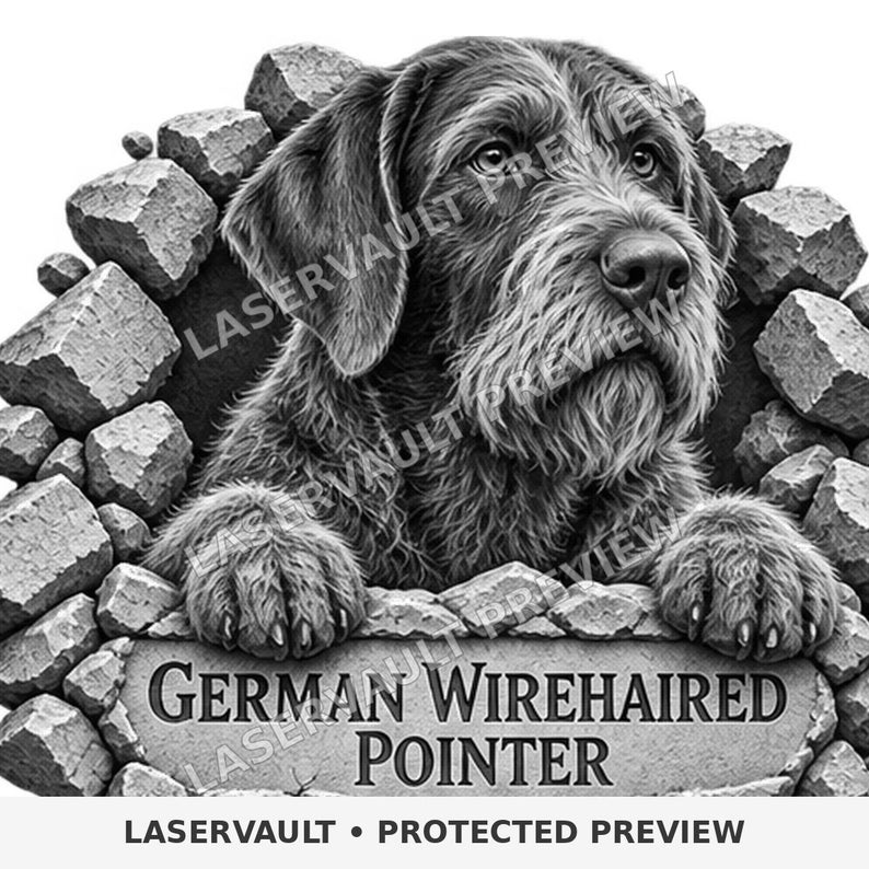 K&ouml;nnte beinhalten: Eine schwarz-wei&szlig;e Illustration eines Deutsch Drahthaar, der durch ein Loch in einer Steinmauer schaut. Der Hund st&uuml;tzt seine Pfoten auf eine Steinplatte mit der Aufschrift GERMAN WIREHAIRED POINTER. Das Bild enth&auml;lt einen Wasserzeichen-Text.
