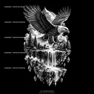 May include: A black and white graphic illustration featuring a bald eagle in flight above floating islands with pine trees and cascading waterfalls. The text LASERVAULT PROTECTED PREVIEW appears repeatedly on the left, with 08 Suspended Eagle World below.