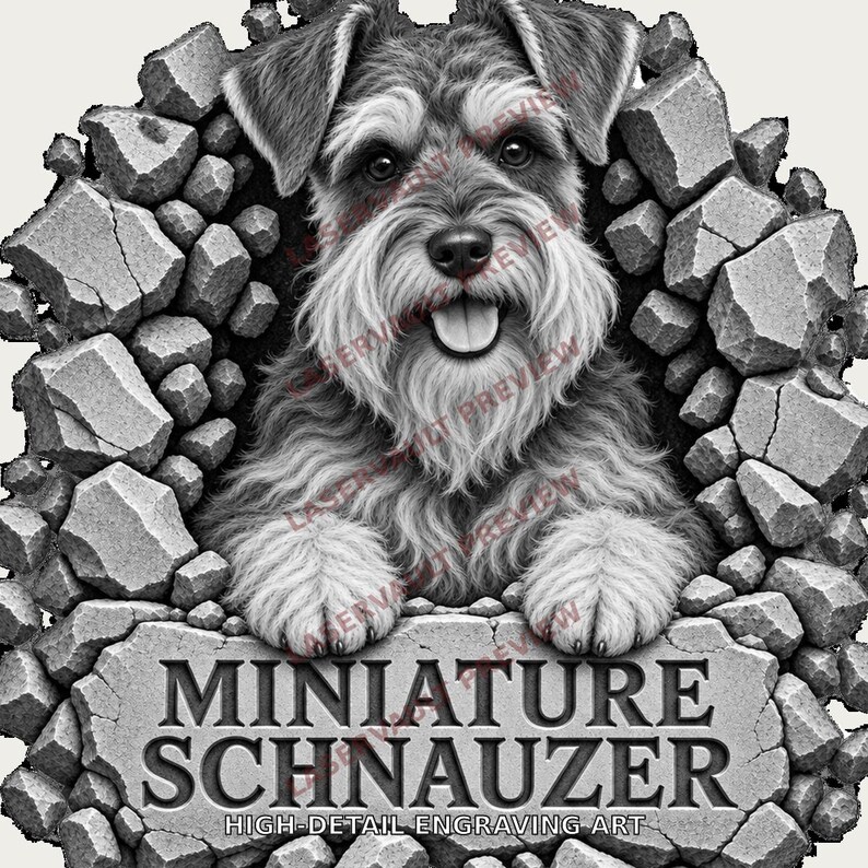 Op de afbeelding: Een zwart-witte grafische illustratie van een Dwergschnauzer die uit een gebarsten stenen muur tevoorschijn komt. De hond heeft een ruige vacht en een open bek. Onder de hond staat de tekst MINIATURE SCHNAUZER HIGH-DETAIL ENGRAVING ART.