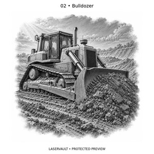 May include: A black and white illustration of a heavy-duty bulldozer pushing a large pile of dirt. The text 02 &bull; Bulldozer appears at the top, and LASERVAULT &bull; PROTECTED PREVIEW is at the bottom. The machine features tracks, a cab, and a blade.