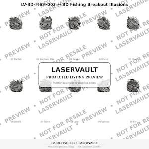 Puede incluir: Una colecci&oacute;n digital de diez ilustraciones de peces en 3D en escala de grises etiquetada como LV-3D-FISH-003 3D Fishing Breakout Illusions. El conjunto incluye siluro, lucio, lucioperca, perca, cacho, barbo, tenca, carpa, salm&oacute;n y anguila, con marca de agua LASERVAULT.