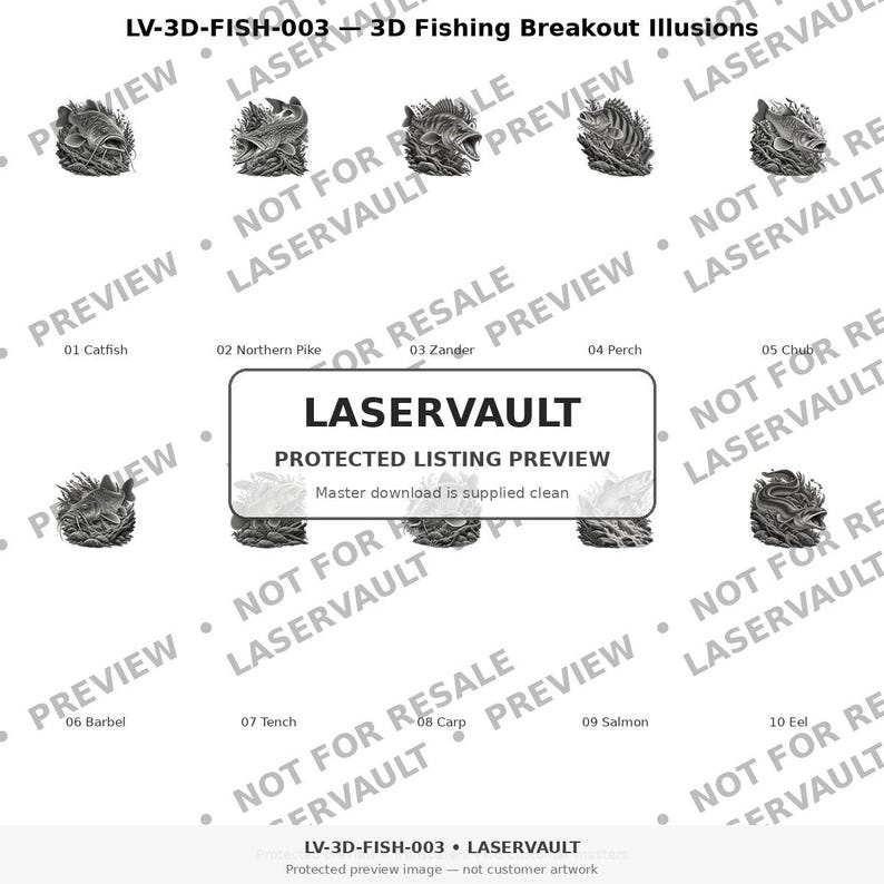 Puede incluir: Una colecci&oacute;n digital de diez ilustraciones de peces en 3D en escala de grises etiquetada como LV-3D-FISH-003 3D Fishing Breakout Illusions. El conjunto incluye siluro, lucio, lucioperca, perca, cacho, barbo, tenca, carpa, salm&oacute;n y anguila, con marca de agua LASERVAULT.