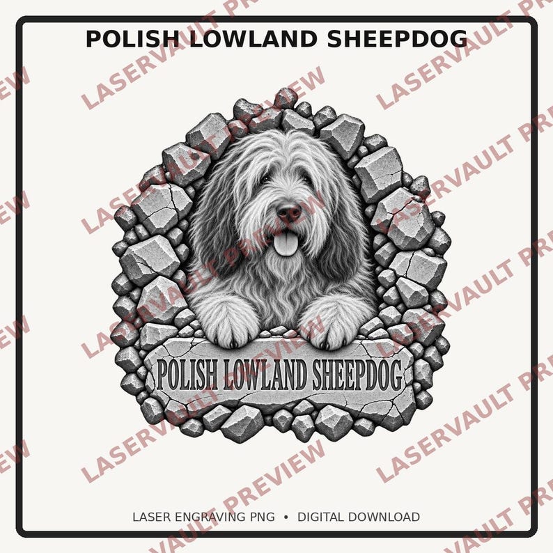 Polsk låglandshund 3D-hund lasergravering PNG | Gråskala och svartvitt | Digital nedladdning bild 1