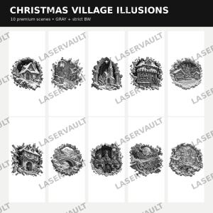 Op de afbeelding: Een digitale collectie getiteld CHRISTMAS VILLAGE ILLUSIONS met 10 premium sc&egrave;nes in grijs en strikt zwart-wit. De afbeeldingen tonen diverse winterse vakantiemotieven, waaronder besneeuwde huizen, een kerk en een arrenslee.
