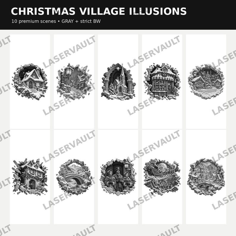Op de afbeelding: Een digitale collectie getiteld CHRISTMAS VILLAGE ILLUSIONS met 10 premium sc&egrave;nes in grijs en strikt zwart-wit. De afbeeldingen tonen diverse winterse vakantiemotieven, waaronder besneeuwde huizen, een kerk en een arrenslee.