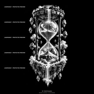 May include: A black and white digital illustration of a surreal hourglass featuring floating islands, waterfalls, and clouds. The text LASERVAULT PROTECTED PREVIEW appears repeatedly on the left, with 09 World Hourglass at the bottom.