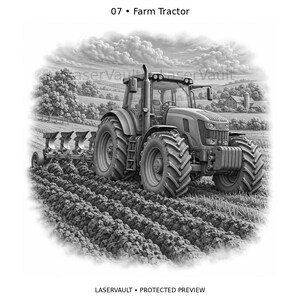 May include: A black and white illustration titled 07 Farm Tractor showing a tractor pulling a plow through a field. The scene includes a detailed tractor with large tires, a plow attachment, and a rural landscape with trees and clouds in the background.