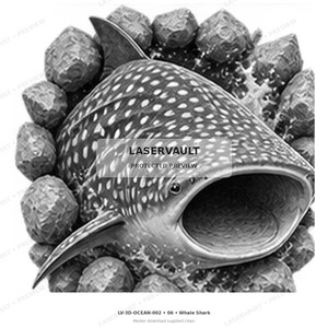 Op de afbeelding: Een zwart-witte grafische illustratie van een walvishaai met de bek open, omringd door een groep stenen. De afbeelding bevat de tekst LASERVAULT PROTECTED PREVIEW in het midden en LV-3D-OCEAN-002 06 Whale Shark aan de onderzijde.