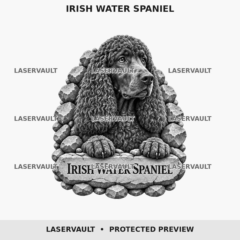 May include: A black and white graphic illustration of an Irish Water Spaniel with curly fur, positioned behind a stone wall. The text IRISH WATER SPANIEL is displayed at the top and on a stone plaque at the bottom. The word LASERVAULT appears repeatedly.
