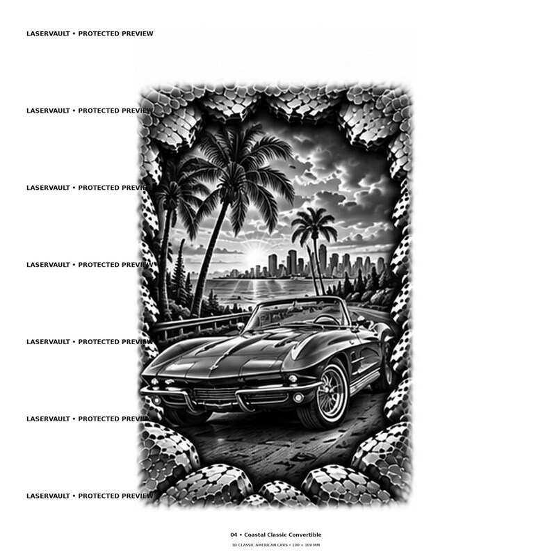 Puede incluir: Un estampado gr&aacute;fico en blanco y negro que muestra un coche descapotable cl&aacute;sico conduciendo por una carretera costera. La escena incluye palmeras, un horizonte urbano y una puesta de sol, enmarcado por un borde texturizado. Texto 04 Coastal Classic Convertible.