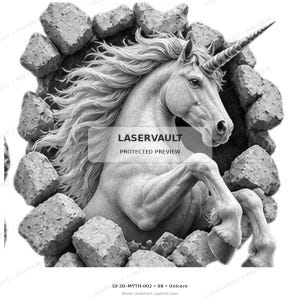 May include: A black and white graphic illustration of a unicorn emerging from a hole in a stone wall. The unicorn has a long flowing mane and a spiraled horn. The text LASERVAULT PROTECTED PREVIEW is centred over the unicorn's body.