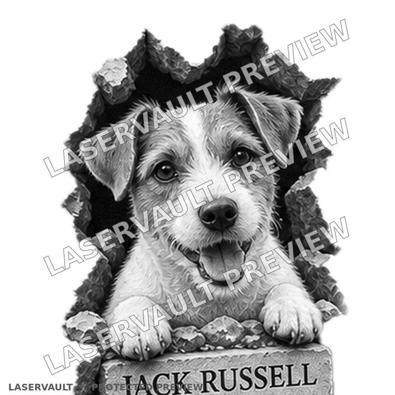 Puede incluir: Una ilustraci&oacute;n en blanco y negro de un cachorro de Jack Russell asom&aacute;ndose a trav&eacute;s de un agujero irregular en un muro de piedra. El cachorro tiene sus patas delanteras apoyadas en una repisa de piedra con el texto JACK RUSSELL grabado.