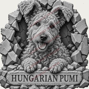 May include: A grayscale engraving of a curly-haired Hungarian Pumi dog emerging from a broken stone wall. The dog has a happy expression with its mouth open. Below the dog, a stone plaque features the text HUNGARIAN PUMI HIGH-DETAIL ENGRAVING ART.