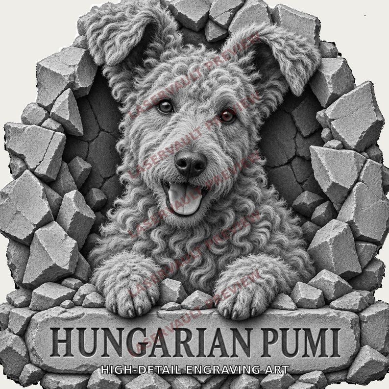 May include: A grayscale engraving of a curly-haired Hungarian Pumi dog emerging from a broken stone wall. The dog has a happy expression with its mouth open. Below the dog, a stone plaque features the text HUNGARIAN PUMI HIGH-DETAIL ENGRAVING ART.