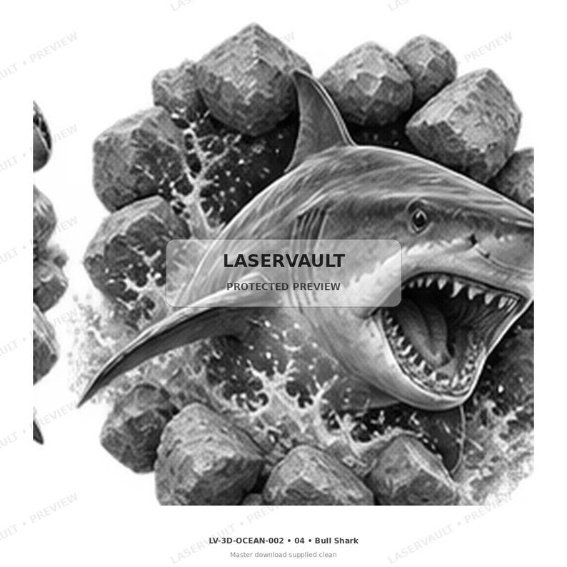 Op de afbeelding: Een zwart-witte grafische illustratie van een haai die uit een hoop rotsen met opspattend water tevoorschijn komt. De haai heeft een open bek met scherpe tanden. De tekst LASERVAULT PROTECTED PREVIEW staat gecentreerd over de afbeelding.