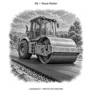 May include: A black and white illustration labeled 06 Road Roller, depicting a heavy construction vehicle with a large front drum and rear tires on a paved surface, set against a landscape of trees and mountains under a cloudy sky.