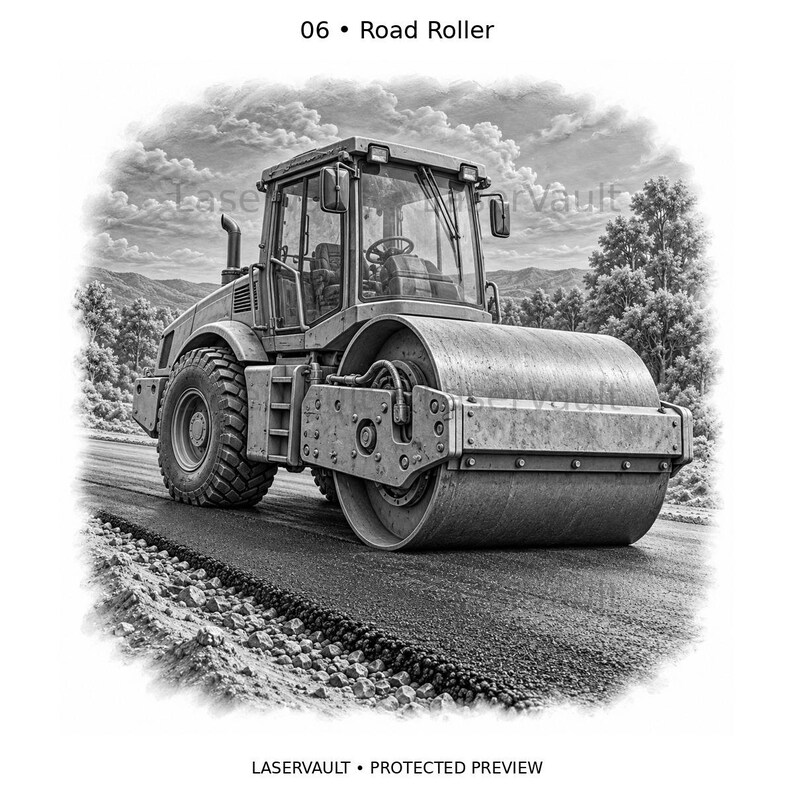 May include: A black and white illustration labeled 06 Road Roller, depicting a heavy construction vehicle with a large front drum and rear tires on a paved surface, set against a landscape of trees and mountains under a cloudy sky.