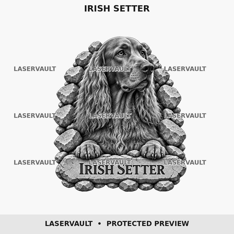 Pode incluir: Uma ilustra&ccedil;&atilde;o gr&aacute;fica a preto e branco de um c&atilde;o Setter irland&ecirc;s emoldurado por uma borda de pedra. O c&atilde;o est&aacute; posicionado com as patas dianteiras apoiadas numa placa de pedra que apresenta o texto IRISH SETTER. A palavra LASERVAULT aparece.