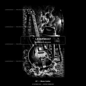 May include: A black and white digital illustration featuring an electric guitar leaning against a brick wall, accompanied by a fedora hat on a stool. Wisps of smoke surround the guitar, with the text LASERVAULT PROTECTED PREVIEW visible.