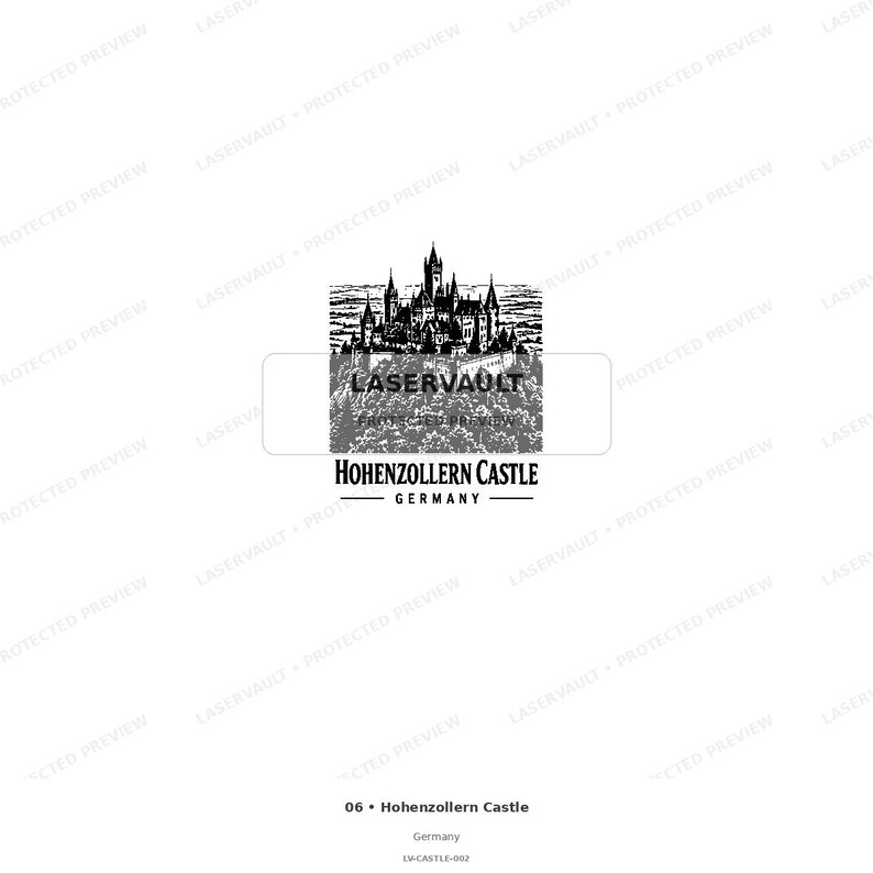Puede incluir: Una ilustraci&oacute;n gr&aacute;fica en blanco y negro del castillo de Hohenzollern en Alemania, con torres y almenas detalladas sobre un fondo de bosque. El texto debajo del castillo dice Hohenzollern Castle Germany con l&iacute;neas horizontales.