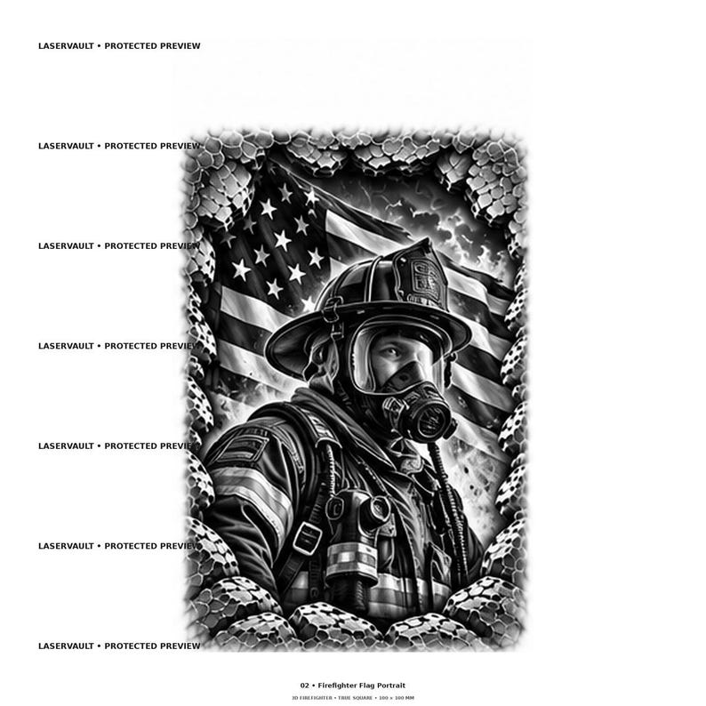May include: A black and white graphic print featuring a firefighter wearing a helmet and a gas mask, positioned in front of an American flag. The image is framed by a textured, honeycomb-like border and includes the text LASERVAULT PROTECTED PREVIEW.