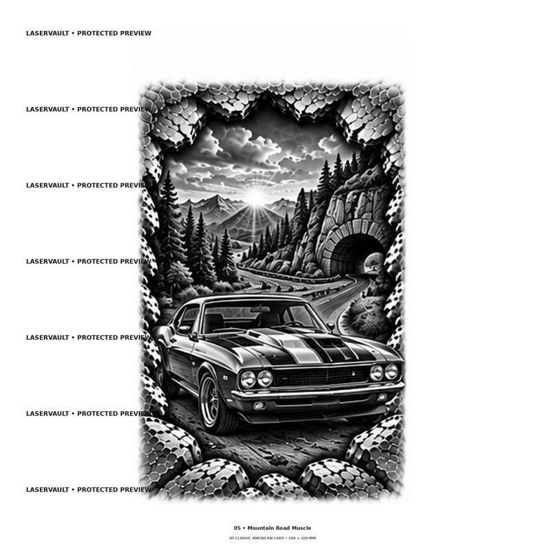 Puede incluir: Una ilustraci&oacute;n gr&aacute;fica en blanco y negro de un coche cl&aacute;sico de gran potencia en una carretera de monta&ntilde;a. La escena incluye un t&uacute;nel, pinos y un sol sobre picos monta&ntilde;osos, enmarcado por un borde texturizado. El texto dice LASERVAULT.