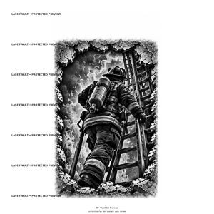May include: A black and white graphic illustration titled 05 Ladder Rescue, depicting a firefighter in full gear climbing a ladder through a crumbling brick wall. The scene features smoke and flames, with the text LASERVAULT PROTECTED PREVIEW repeated.