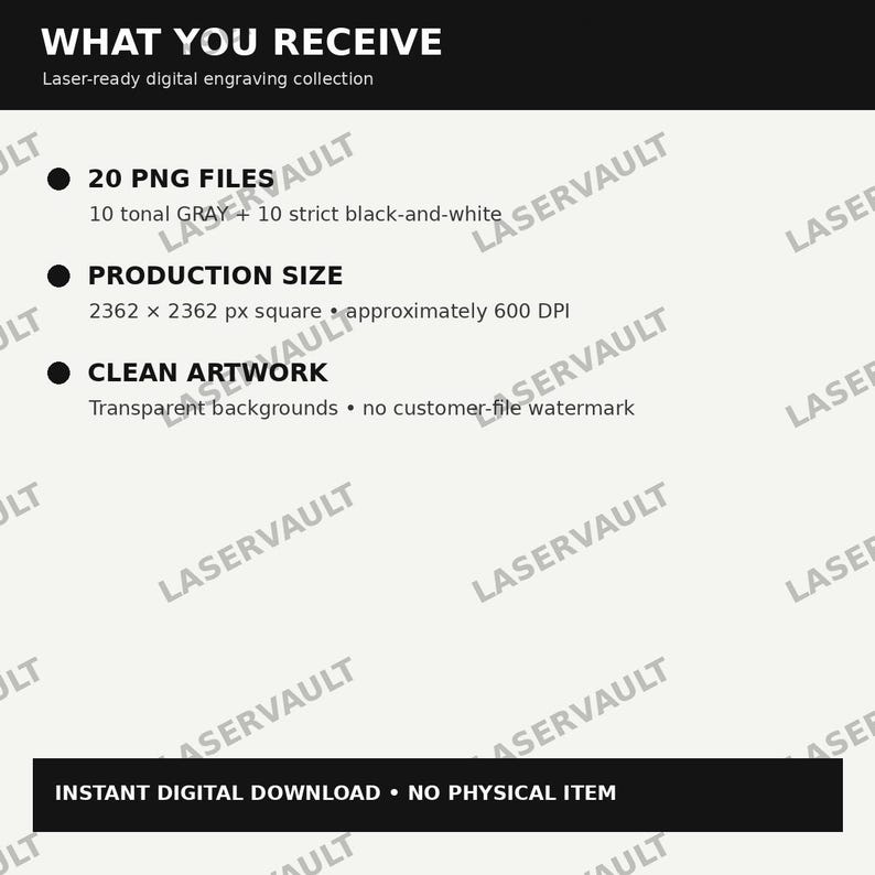 Może przedstawiać: Cyfrowa grafika informacyjna o produkcie zatytułowana WHAT YOU RECEIVE, zawierająca listę 20 plik&oacute;w PNG, w tym 10 tonalnych szarych i 10 czarno-białych. Określa rozmiar produkcyjny 2362 x 2362 px przy 600 DPI, przezroczyste tła i brak znaku wodnego.