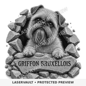 Op de afbeelding: Een zwart-wit illustratie van een Griffon Bruxellois hond die door een gat in een stenen muur kijkt. De hond heeft een getextureerde vacht en expressieve ogen. Onder de hond staat op een grote stenen plaat de tekst GRIFFON BRUXELLOIS gegraveerd.