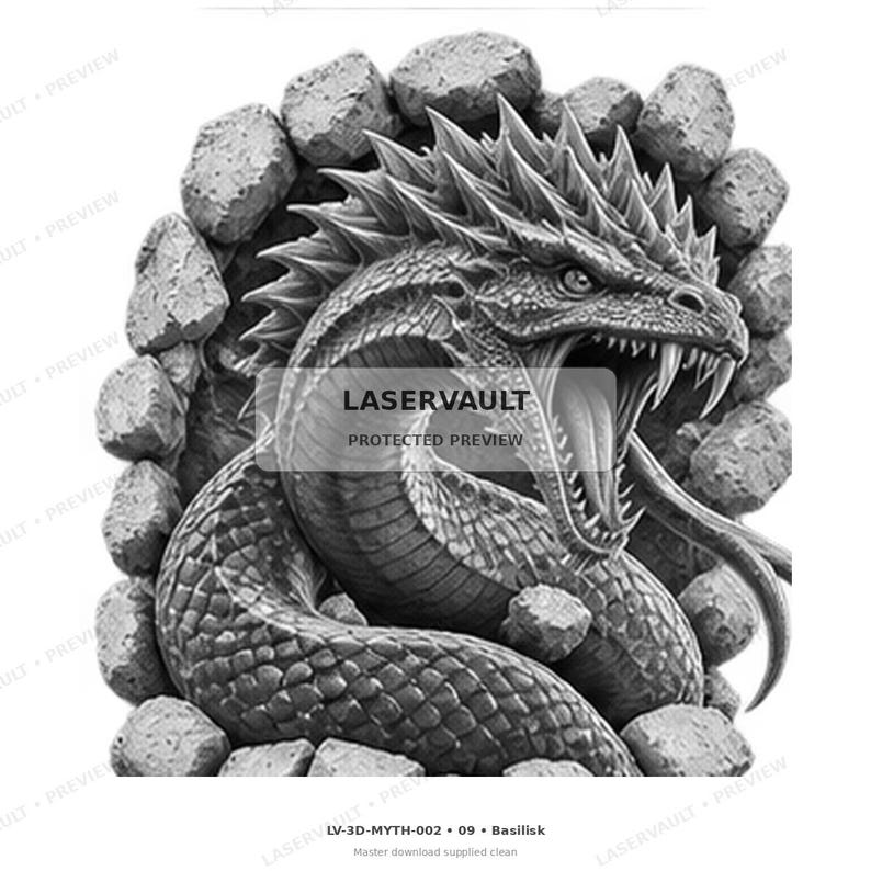 May include: A black and white graphic illustration of a basilisk with sharp scales and a spiky crest emerging from a circular stone wall. The creature has an open mouth with visible fangs and a long tongue. Text reads LASERVAULT PROTECTED PREVIEW.