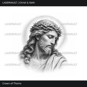 K&ouml;nnte beinhalten: Eine schwarz-wei&szlig;e digitale Illustration einer Figur mit langem, welligem Haar und Bart, die eine Dornenkrone tr&auml;gt. Die Figur ist vor einem kreisf&ouml;rmigen Heiligenschein positioniert. Der Text LASERVAULT ist auf dem Bild wiederholt.