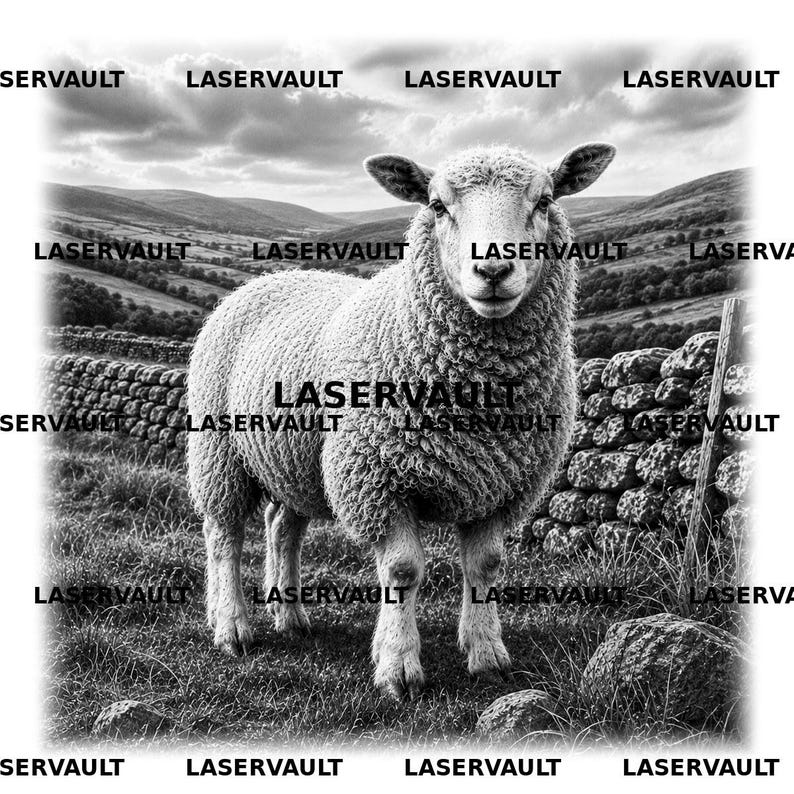 Pu&ograve; includere: Una fotografia in bianco e nero di una pecora in piedi in un campo erboso con un muro di pietra e colline sullo sfondo. La parola LASERVAULT &egrave; ripetuta pi&ugrave; volte sull'immagine in uno schema a griglia sull'intera scena.