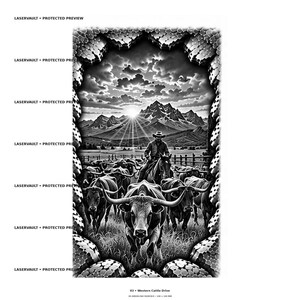 May include: A black and white graphic print titled 03 Western Cattle Drive featuring a cowboy on horseback herding cattle across a field toward mountains under a sunburst sky, framed by a textured border with the text LASERVAULT PROTECTED PREVIEW.