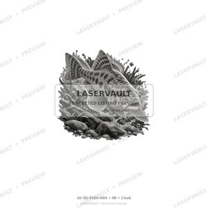 May include: A black and white graphic illustration of a fish swimming among underwater rocks and aquatic plants, featuring bubbles rising to the surface. The image includes the text LASERVAULT PROTECTED LISTING PREVIEW and LV-3D-FISH-004 08 Chub.